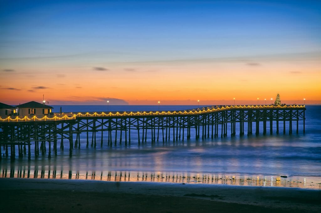 Christmas Tree at Crystal Pier at sunset, Pacific Beach, San Diego, California