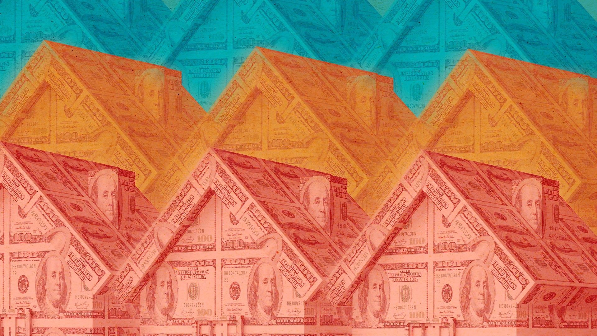 A collage of houses that are made out of dollar bills