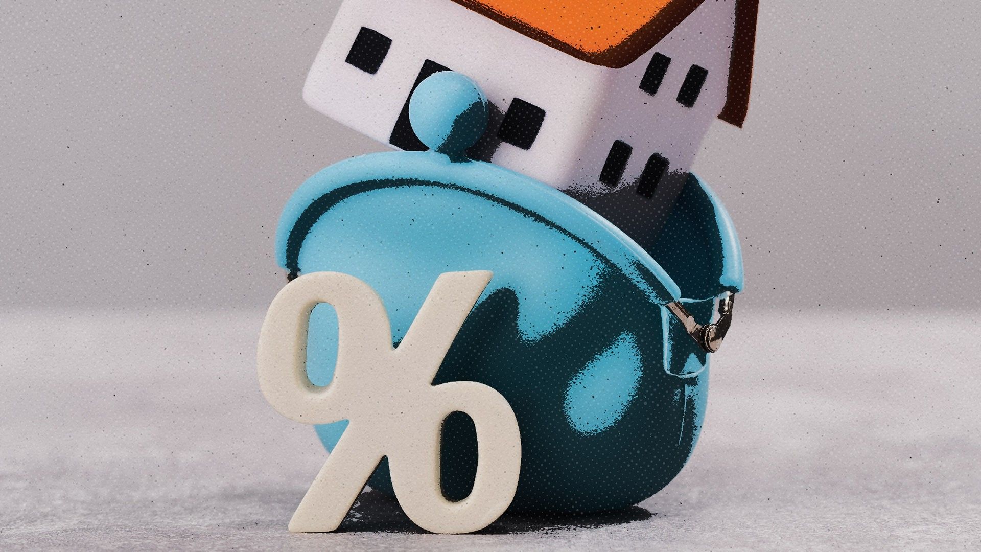 A digital illustration depicting a home inside a small coin purse with a large percentage sign in front of it