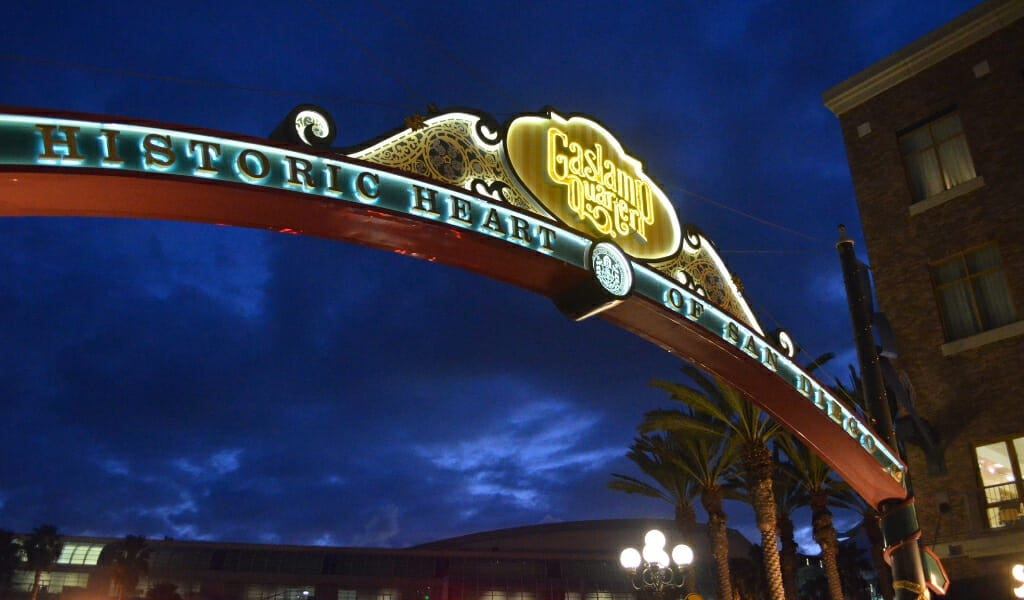 Lid up arch spanning over 5th avenue - entrance to the historic San Diego Gaslamp Quarter