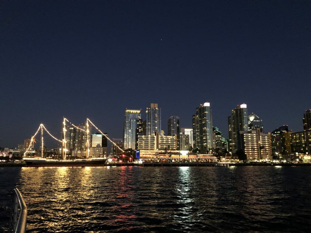 View of the San Diego Skyline at night from a Bay Cruise