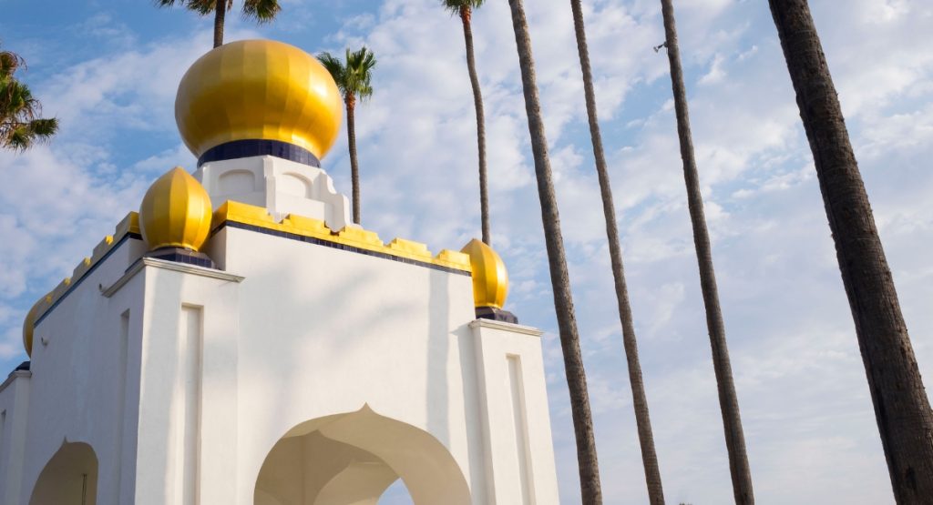 White temple with golden dome at Encinitas Self-Realization Fellowship Meditation Gardens