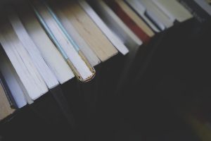 An overhead view of several books lined up on a shelf.