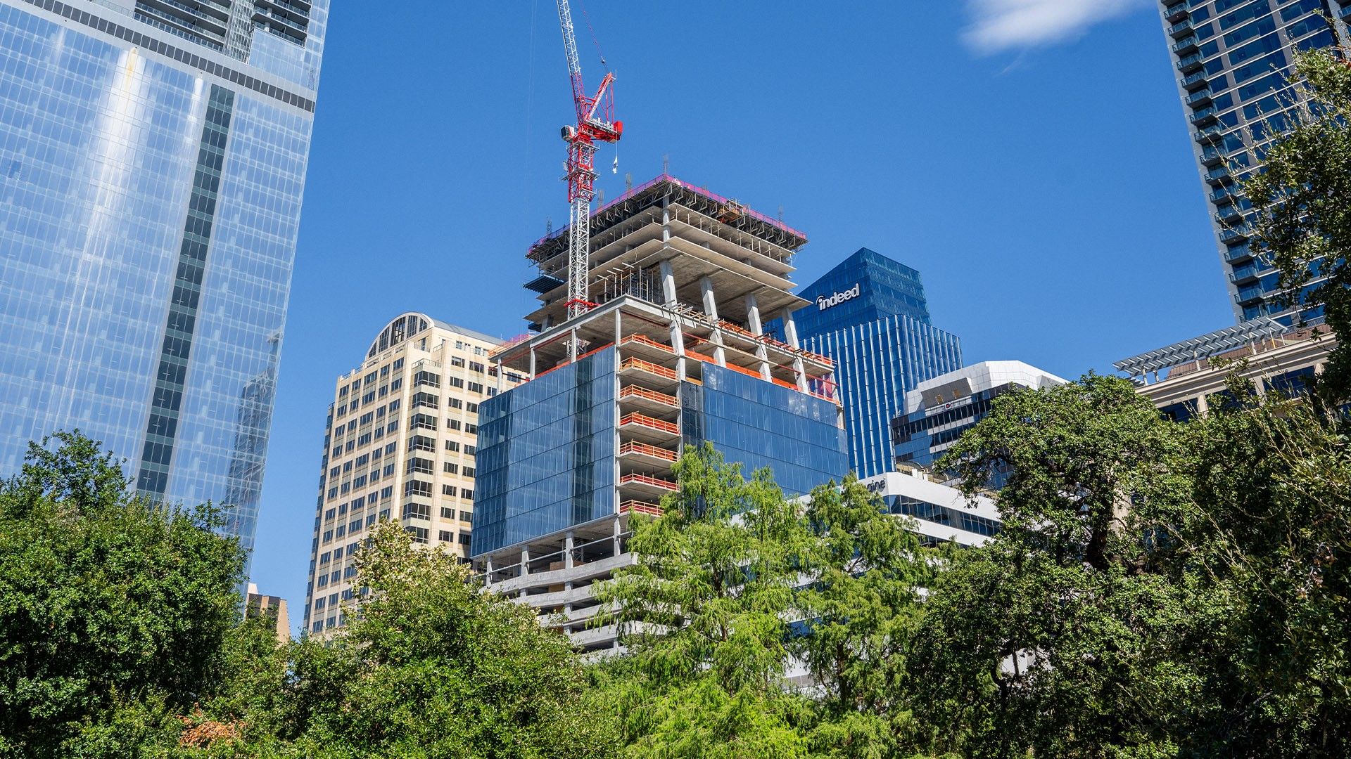Mixed-use housing and office properties undergo construction downtown on October 09, 2023 in Austin, Texas
