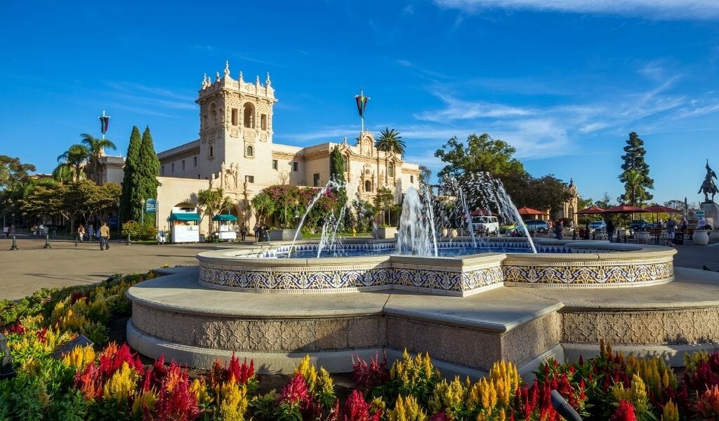 Fountain in the foreground and San Diego Natural History Museum in the Background