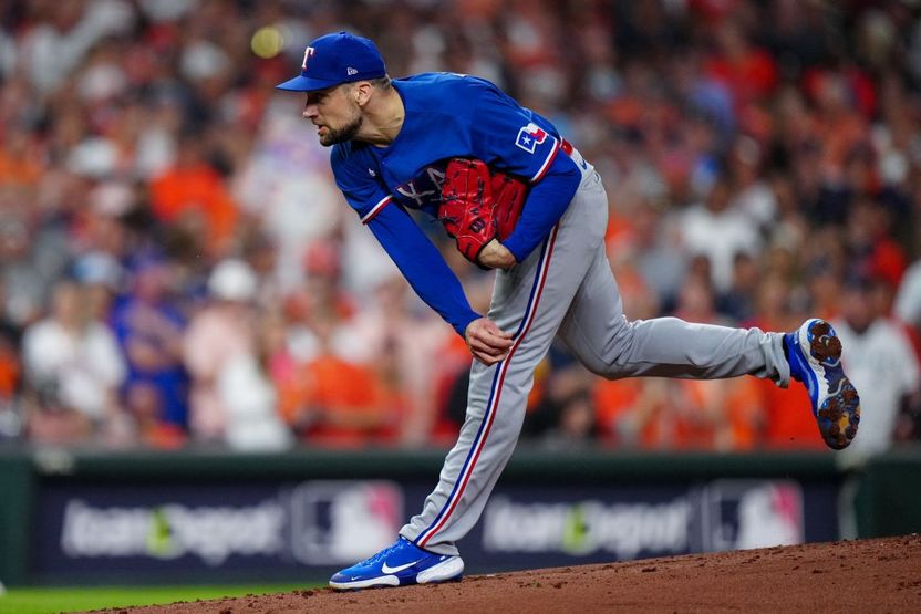 Nathan Eovaldi #17 of the Texas Rangers