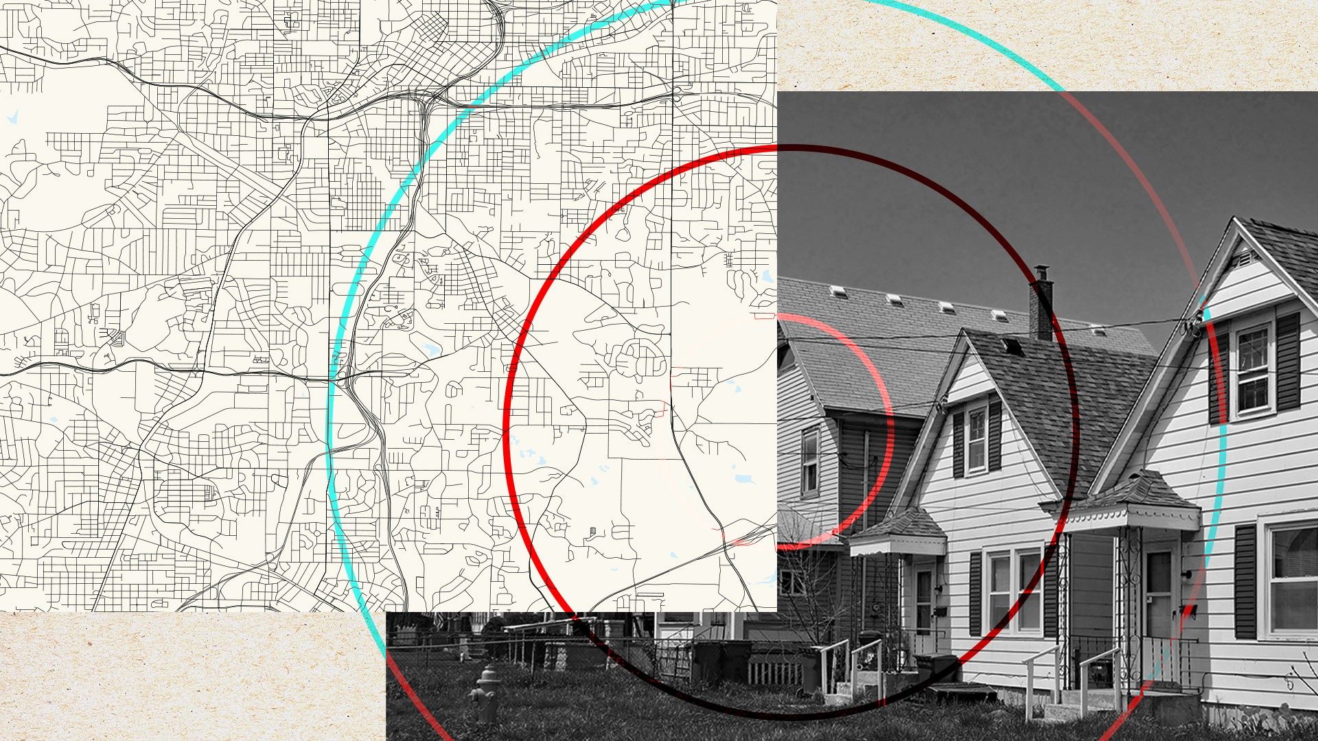 A photo collage showing a map with redlining and low-income area housing