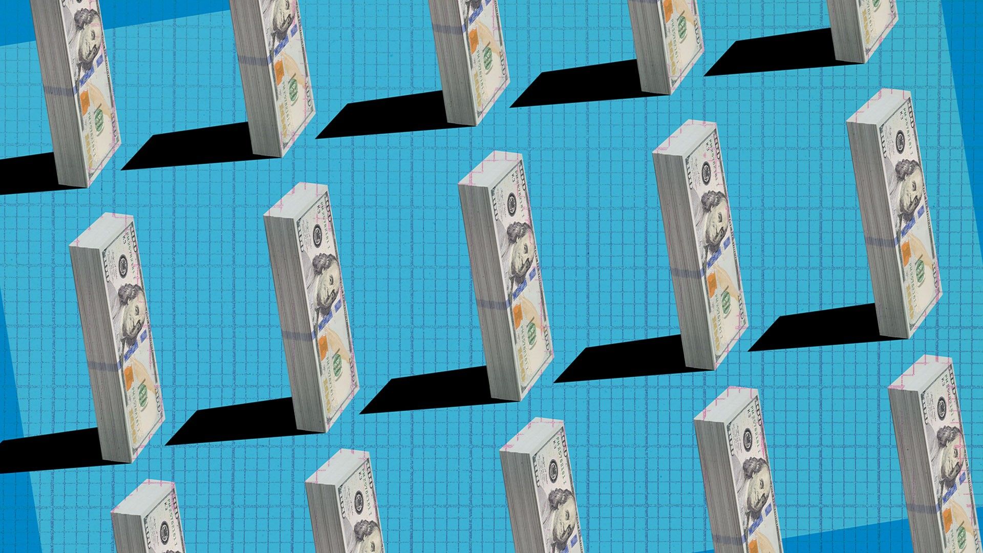 A digital illustration depicting bunches of 100 dollar bills tipping over.