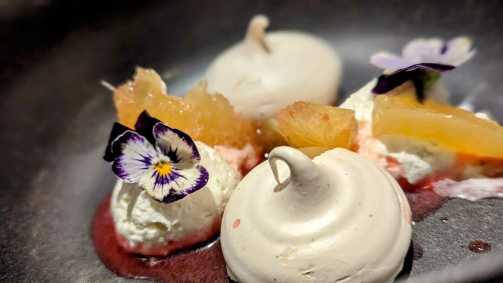 Closeup of french merengue dessert with citrus and flowers and blood orange sauce