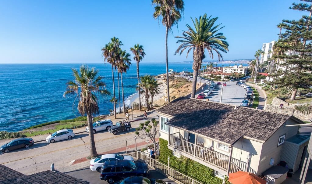 View from Suite at Scripps Inn La Jolla overlooking the Pacific Ocean with Palm trees