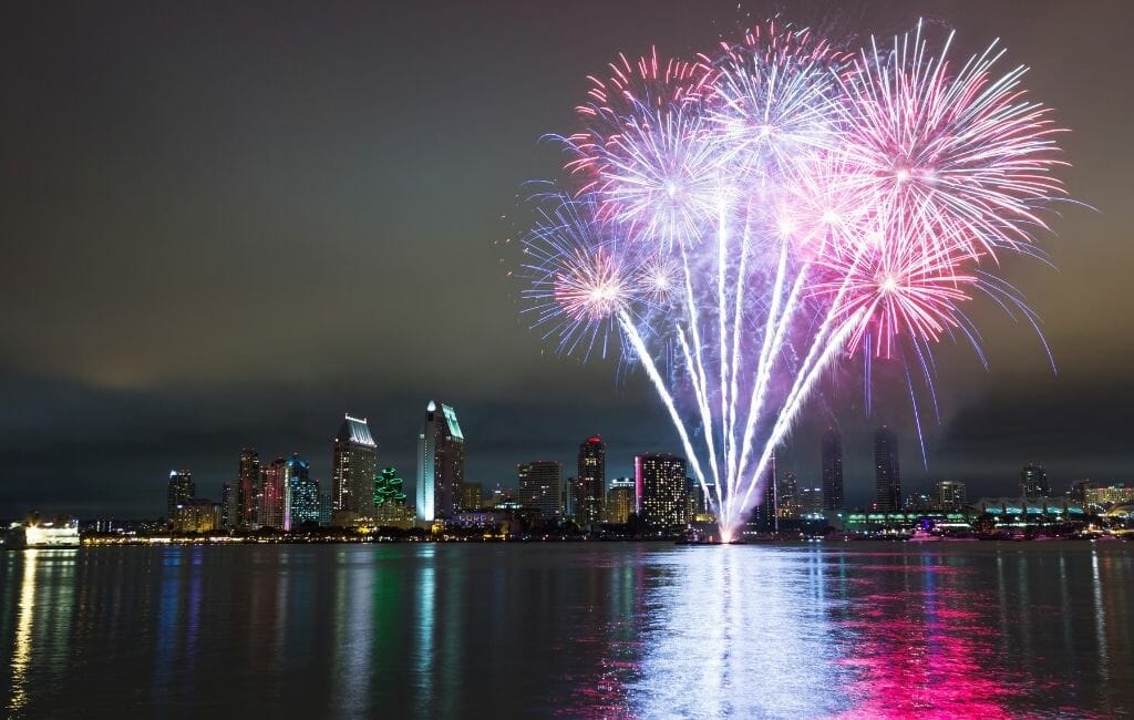 Pink New Years Eve Fireworks San Diego Skyline and San Diego Bay