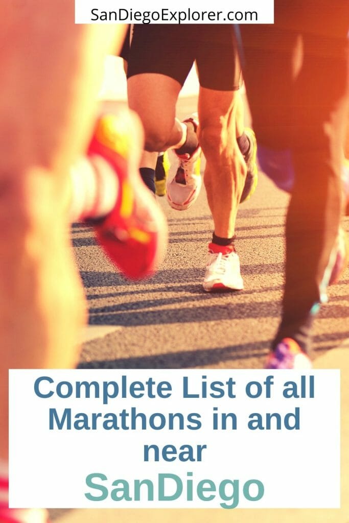 Closeup of legs of a group of runners during sunset with orange light - text overlay on white background: Complete list of all Marathons in and near San Diego