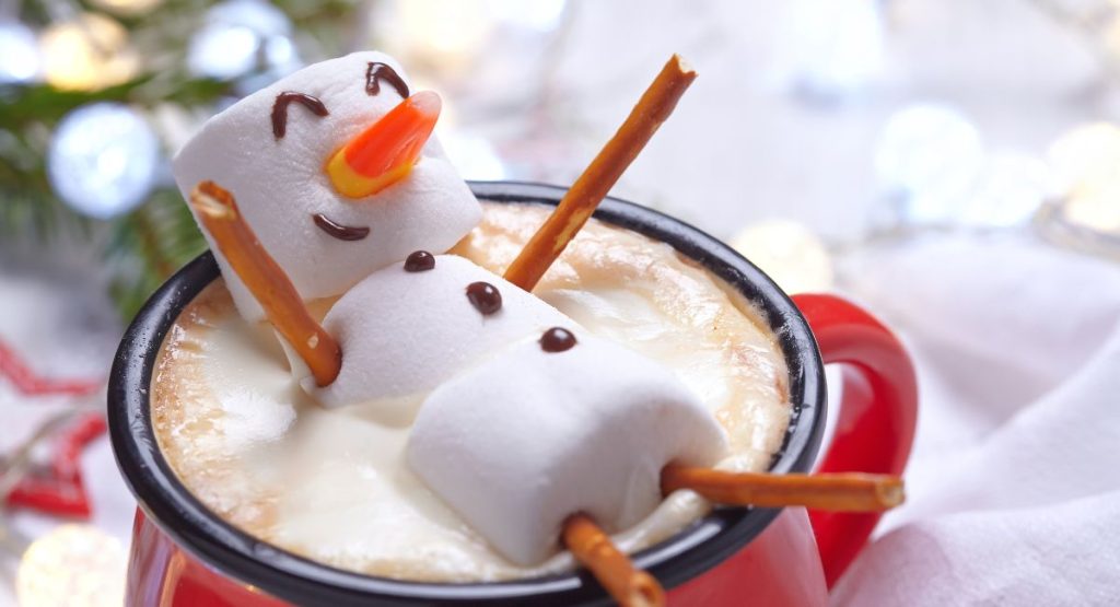 Marshmallow "snowman" swimming in a cup with hot chocolate - Hot chocolate 5k run San Diego