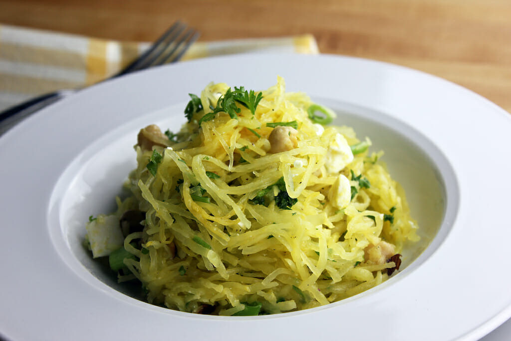 Lemon vinaigrette and feta spaghetti squash salad