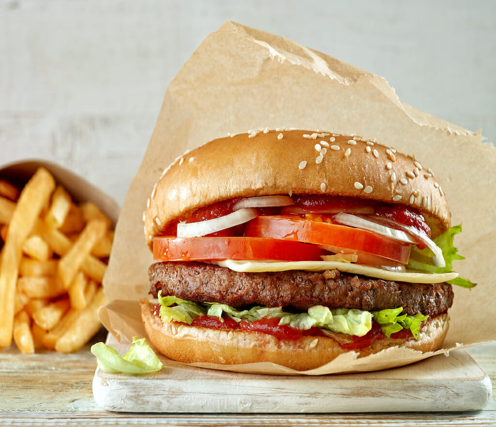 fresh tasty burger and french fries