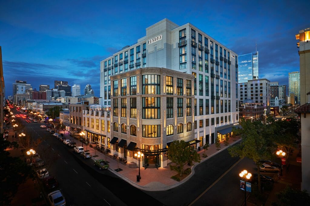 Outside shot of Pendry Hotel building during blue hour