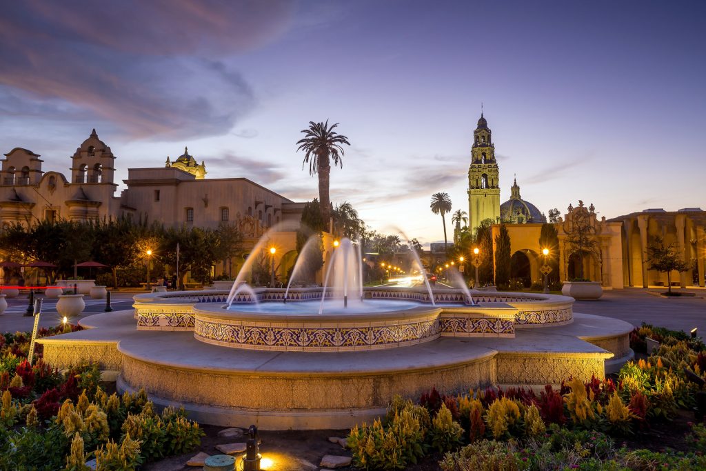 Fountain at Balboa Park at sunset