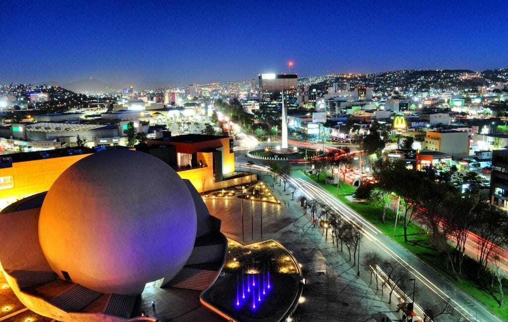 Aerial view of the round theatre of the CECUT cultural center in Tijuana during night