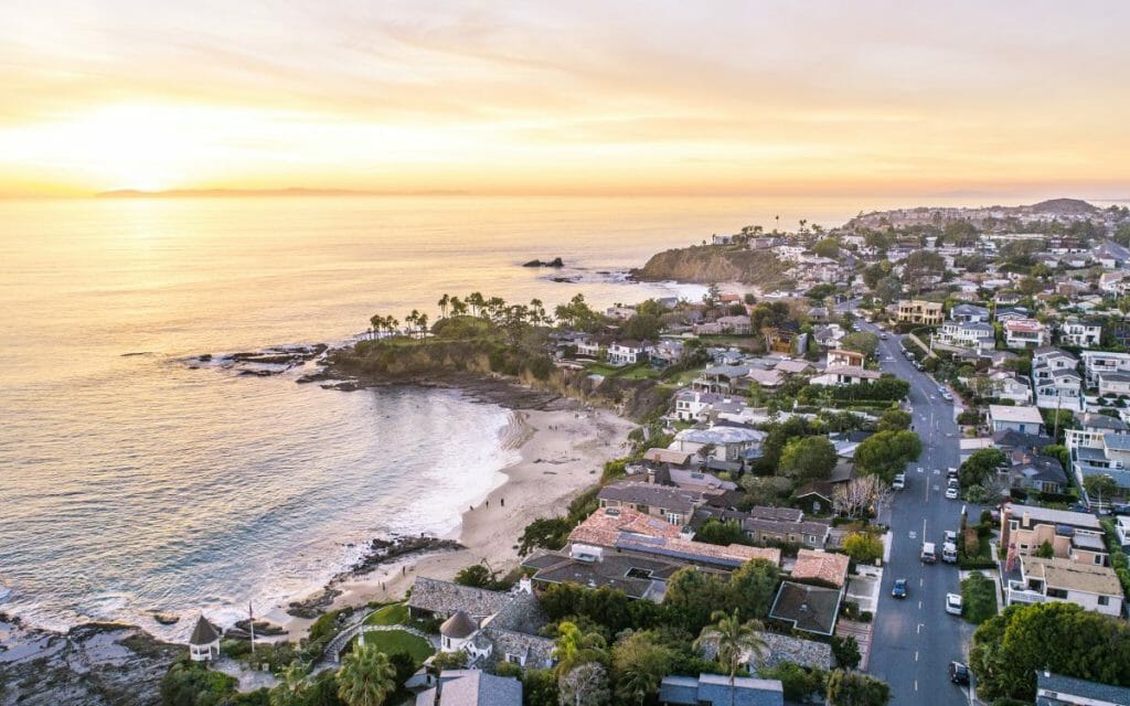 aerial photo of laguna beach during sunset