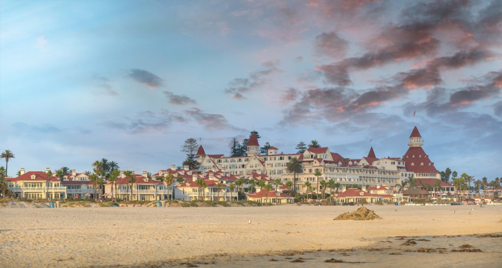 Panoramic sunset view of San Diego Hotel del Coronado, California.