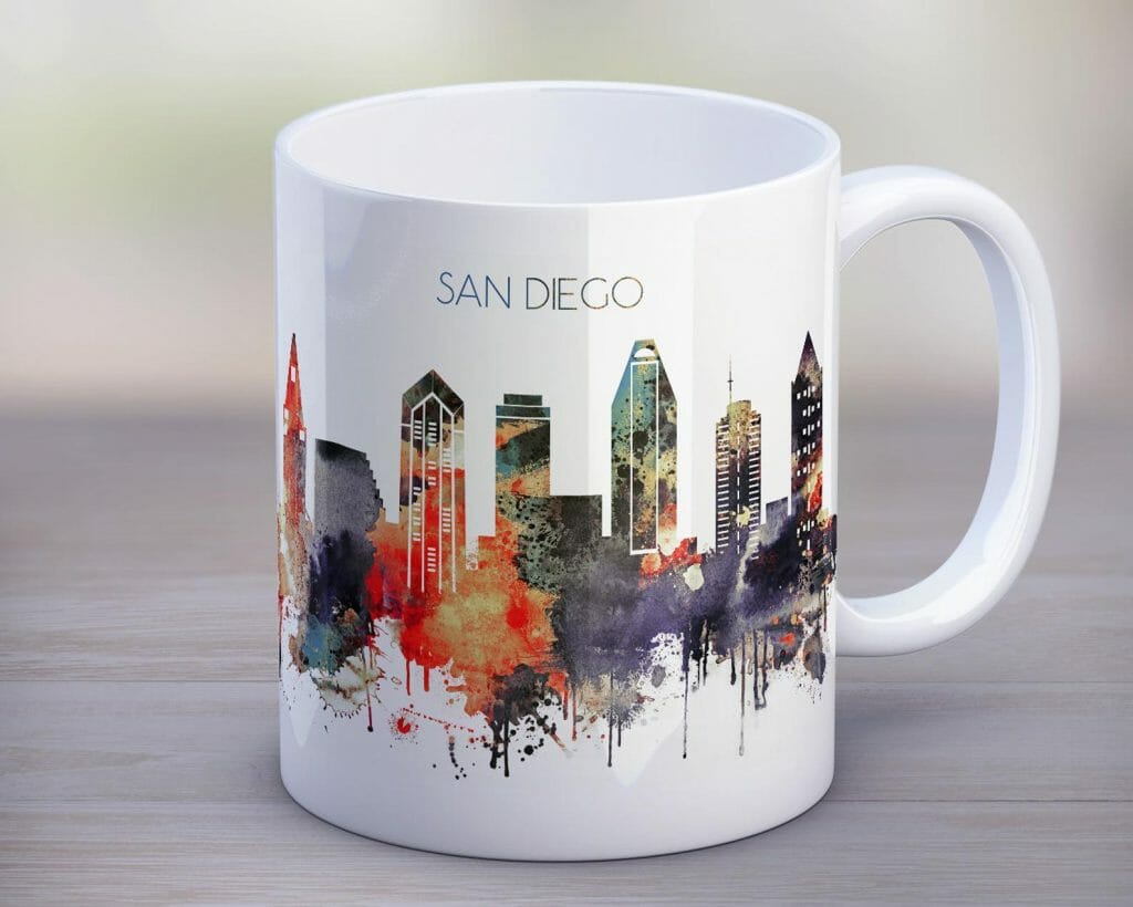 White cup with skyline of san diego in colorful watercolor