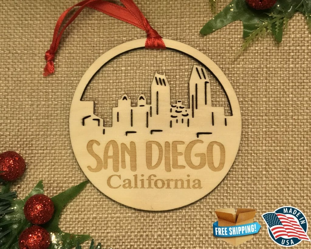 Wood Christmas ornament with San Diego Skyline