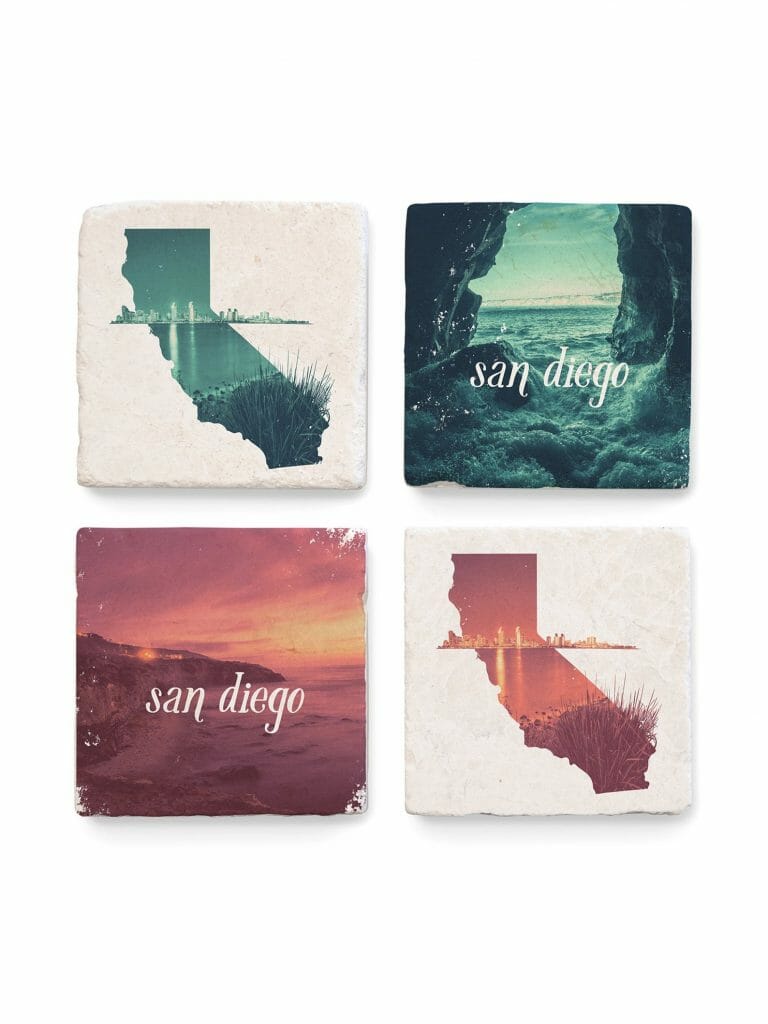 Set of 4 San diego inspired coasters in two in pink and two in green 