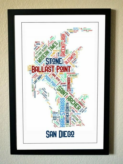 Black-framed picture, outlining the map of san diego, but instead of streets, it features local San Diego Breweries in different fonts and colors 