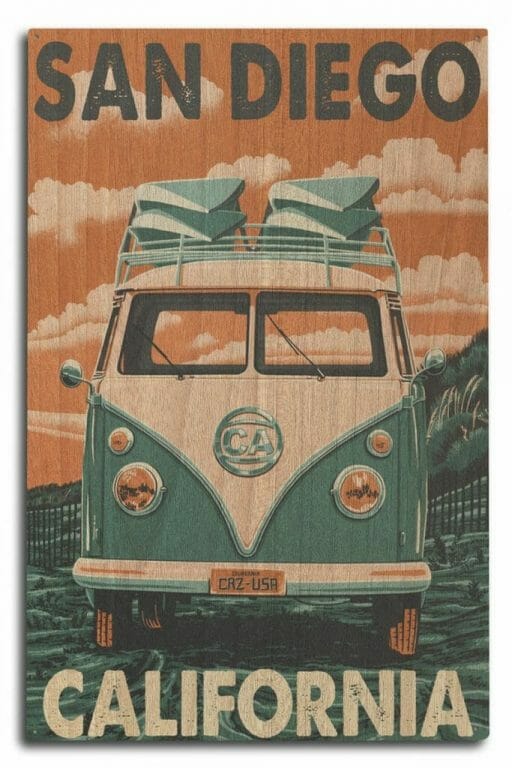 Wooden plank printed with a vintage VW bus in a turquoise and orange color scheme