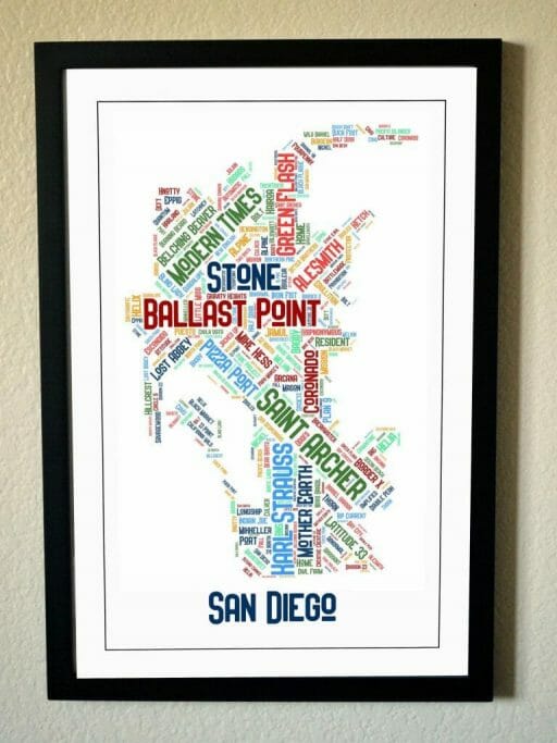 Black-framed picture, outlining the map of san diego, but instead of streets, it features local San Diego Breweries in different fonts and colors