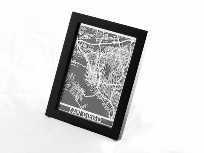 Black framed black and white map of San Diego on white background