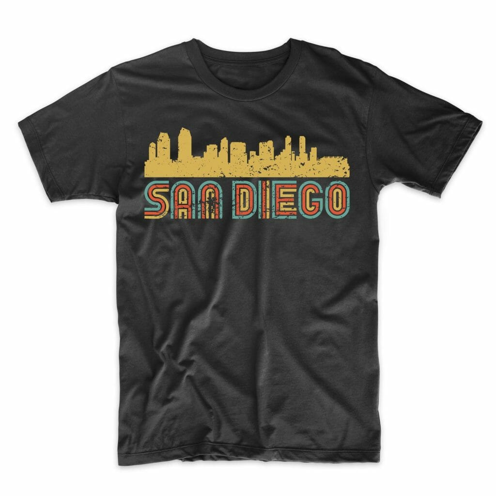 Dark grey shirt with vintae yellow san diego skyline print