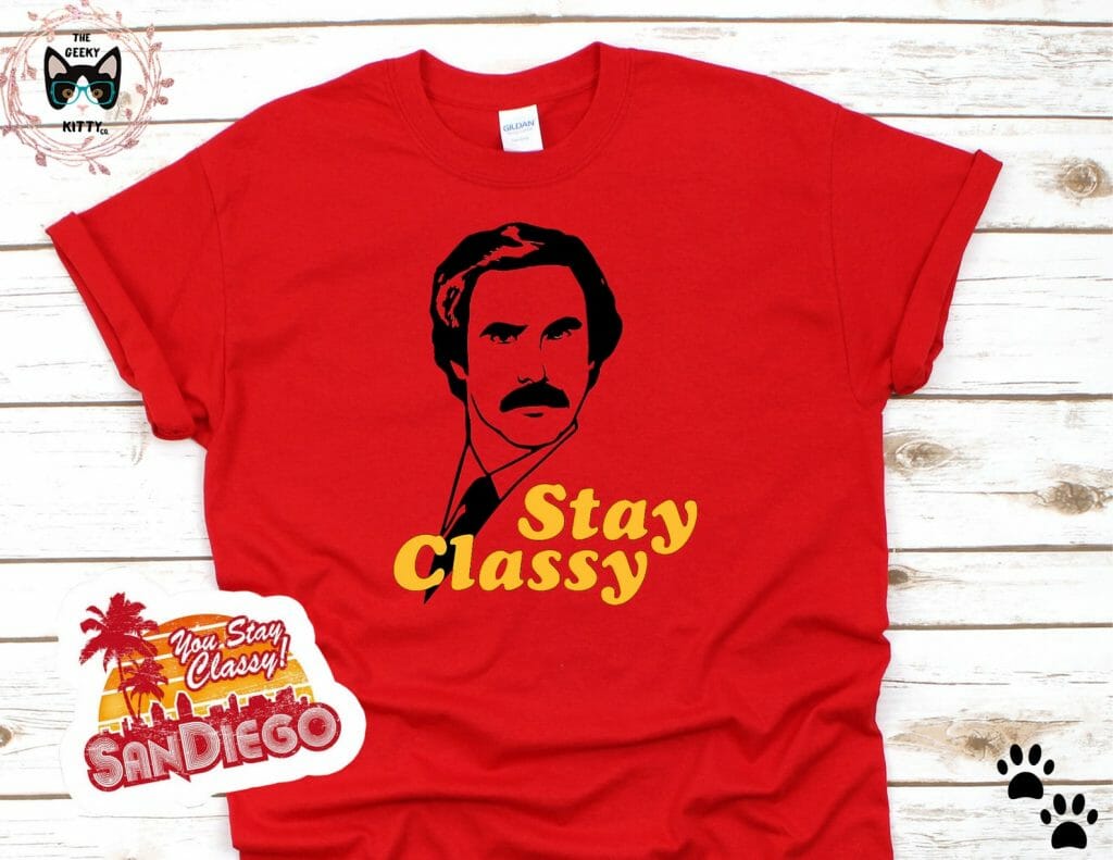 Red tshirt with black outline of a face and yellow text: Stay Classy