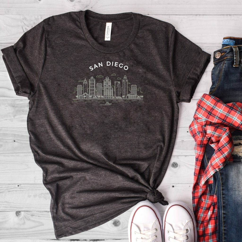 Dark grey shirt with San diego Skyline on white background