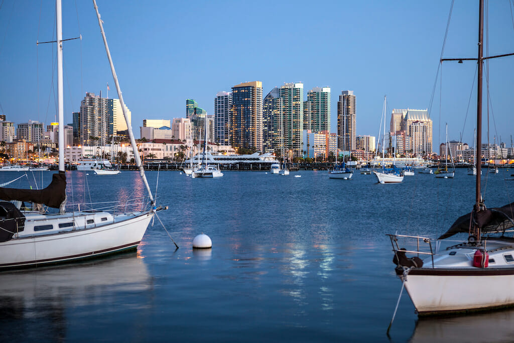 Evening light over San Diego bay in Southern California.