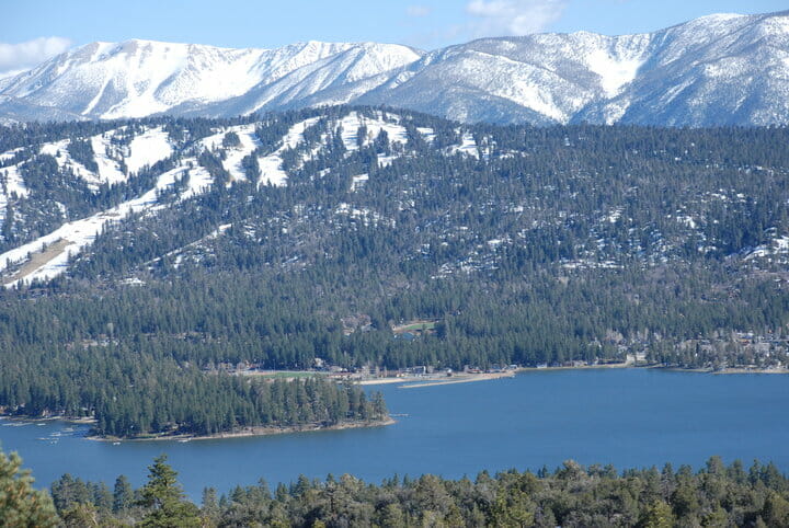 Big Bear Lake and snow capped Big Bear Mountain