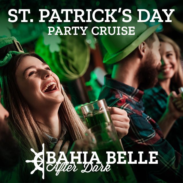 two young women at a party with green St Patricks Day Accessories - White text overlay: St Patrick's Day Party Cruise - Bahia Belle