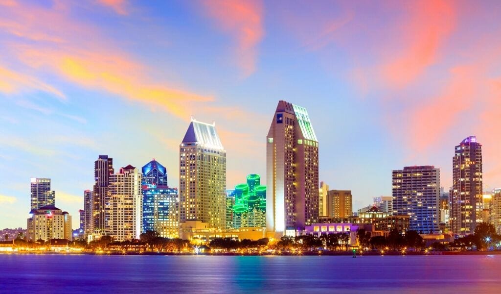 Skyline of San Diego during sunset photographed from Coronado