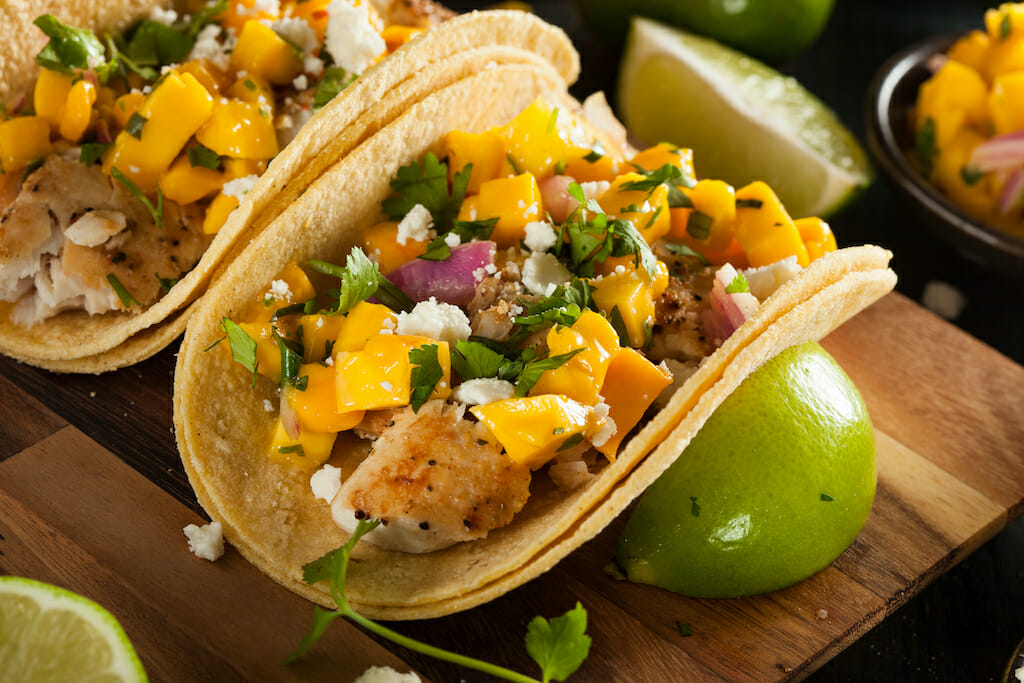 Homemade Baja Fish Tacos with Mango Salsa and Chips