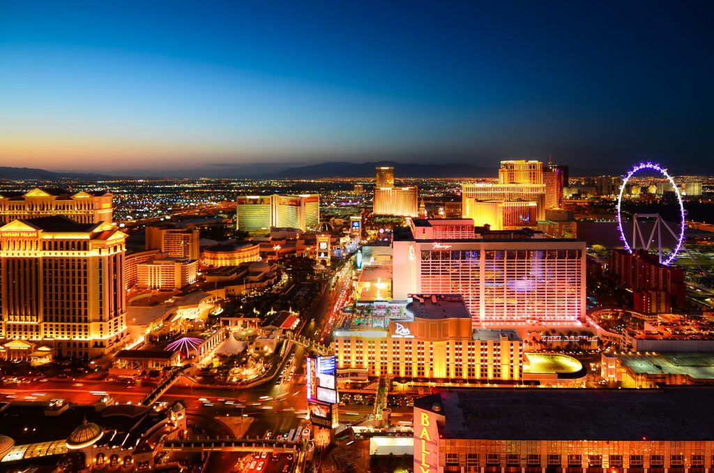 View over the lights of Las Vegas at Sunset from a high view point. 