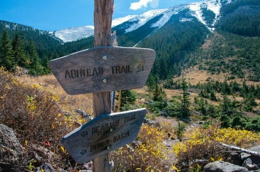 Wooden trail sign with mountain meadows and peaks in the background