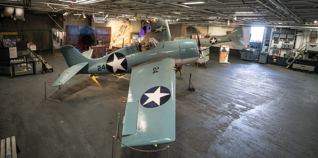 Old WW II Airplane inside the aircraft carrier USS Midway