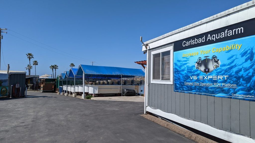 Sunny day at land-based oyster farm, large sign reading "Carlsbad Aquafarm". Carlsbad Aquafarms.