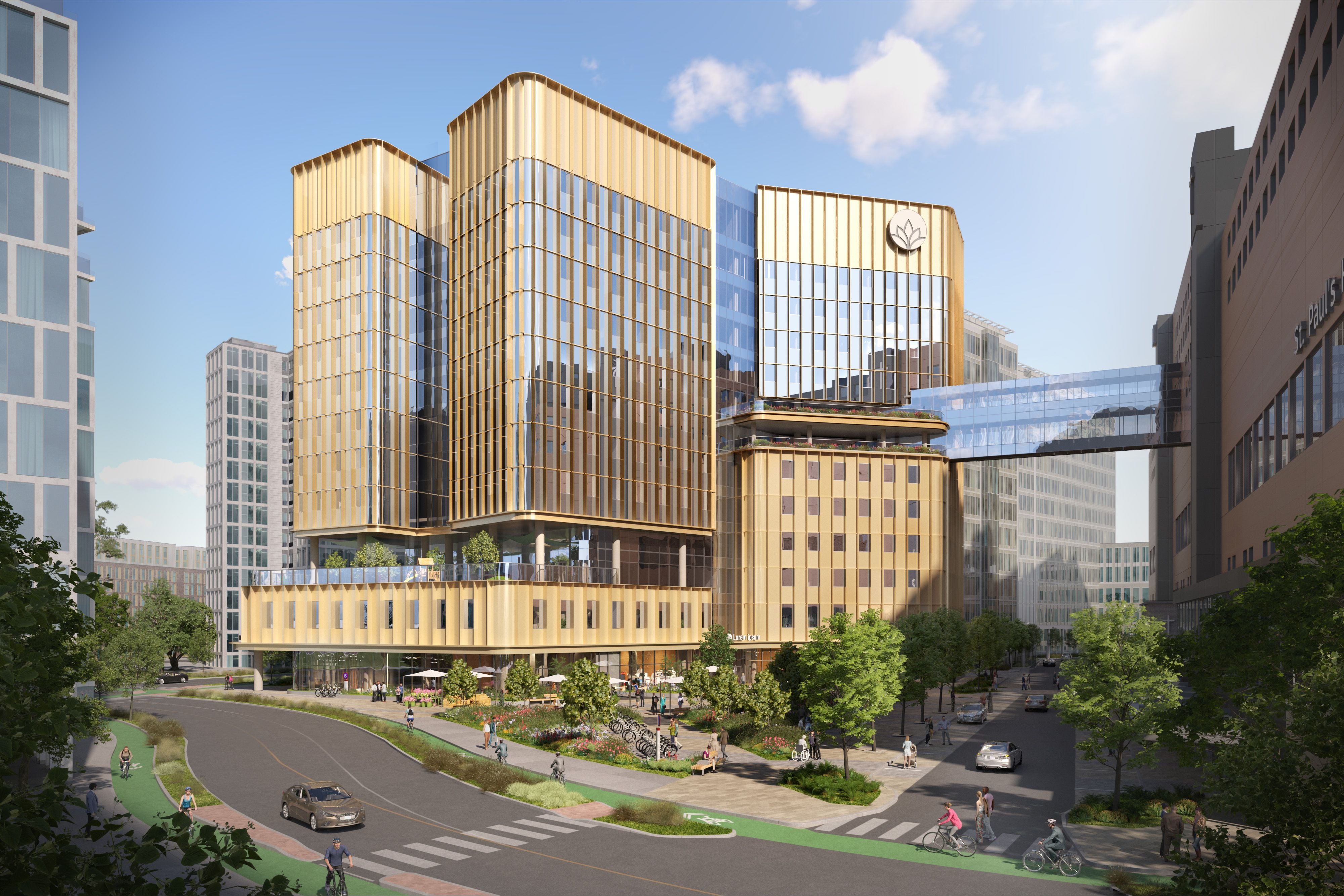 The new 12-storey Clinical Support and Research Centre will be connected to St. Paul’s hospital by a sky bridge. The complex is in the False Creek Flats neighbourhood of Vancouver. 