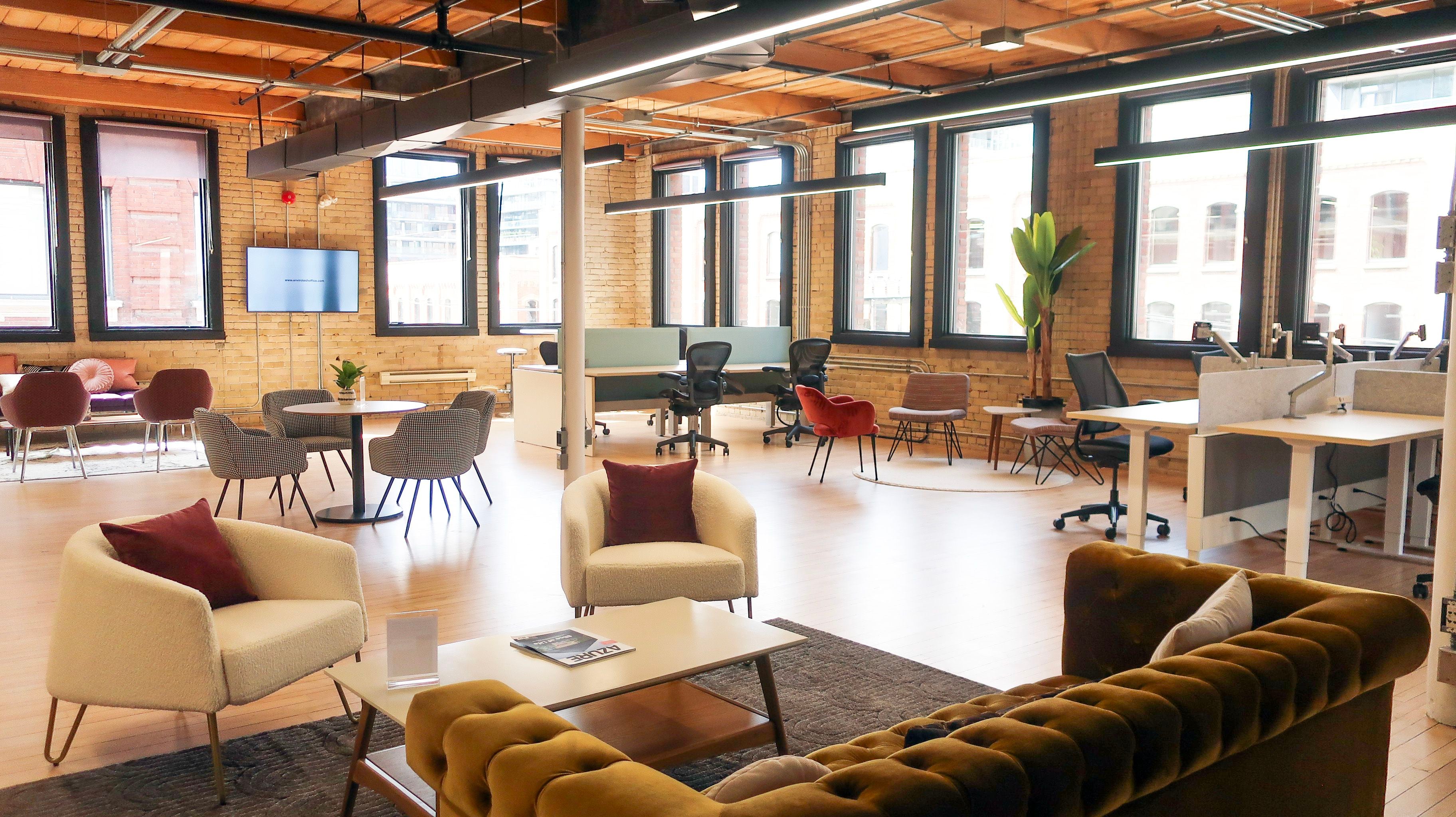 Reupholstered furniture at the Envirotech Office Systems showroom. Nearly new furnishing is becoming more available, as many companies downsize office space because of hybrid work.