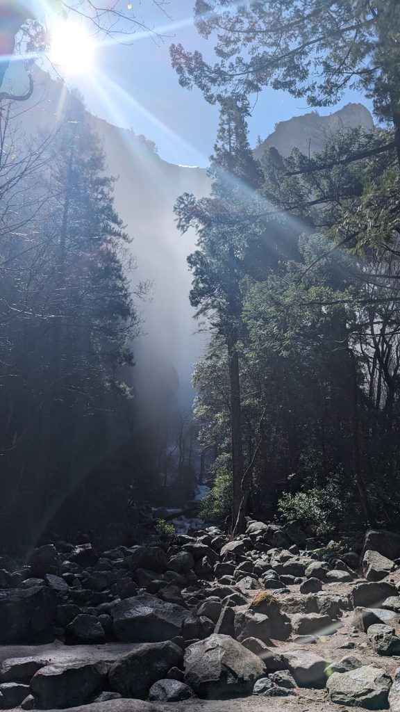 Misty view of Bridalveil Falls in Yosemite National Park