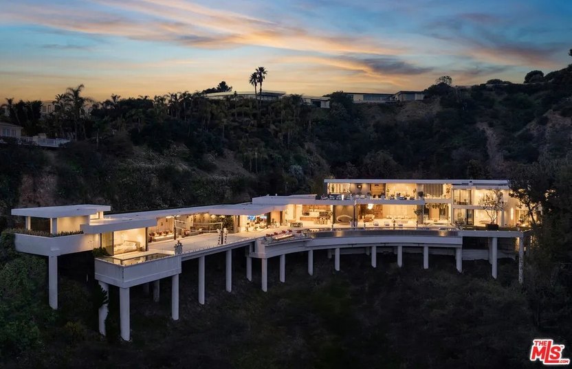 This outrageous, $69 million mansion in the Hollywood Hills has a "floating" backyard built entirely on sturdy pylons, with a view of L.A. and the Pacific Ocean beyond.