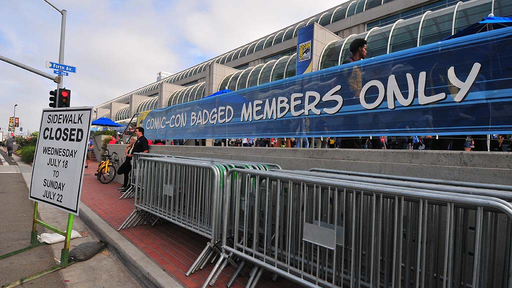 Only attendees with badges are allowed in the area in front of the San Diego Convention Center this year.