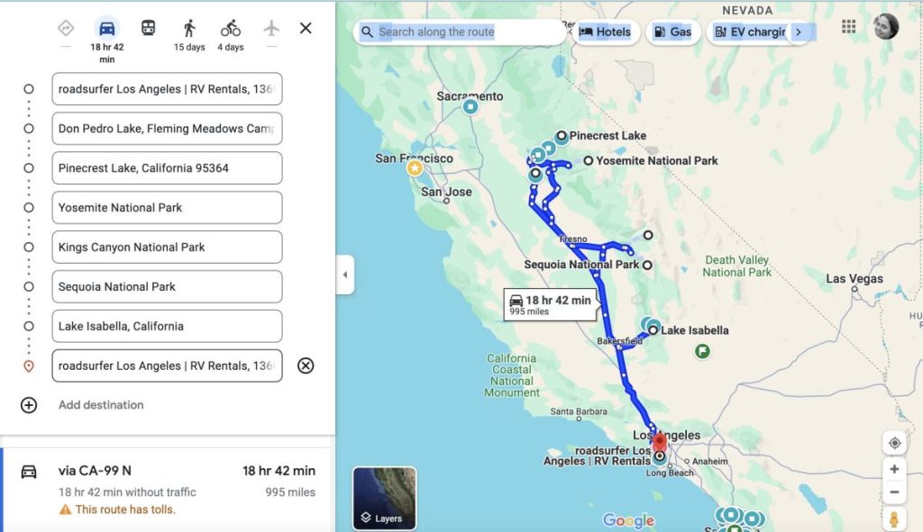 map of california road trip through California National Parks