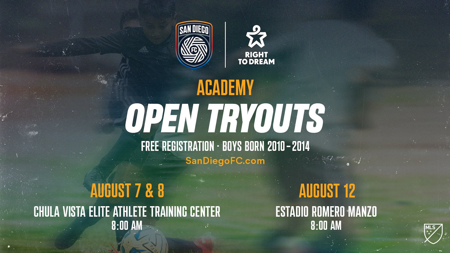 Promotional flyer for San Diego sports event the San Diego FC open tryouts happening on Aug 7-8, 2024 at Chula Vista Elite Athlete Training Center